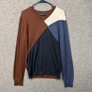 Perry Ellis Mens V-Neck Colorblock Geometric Sweater Dark Sapphire Brown NEW